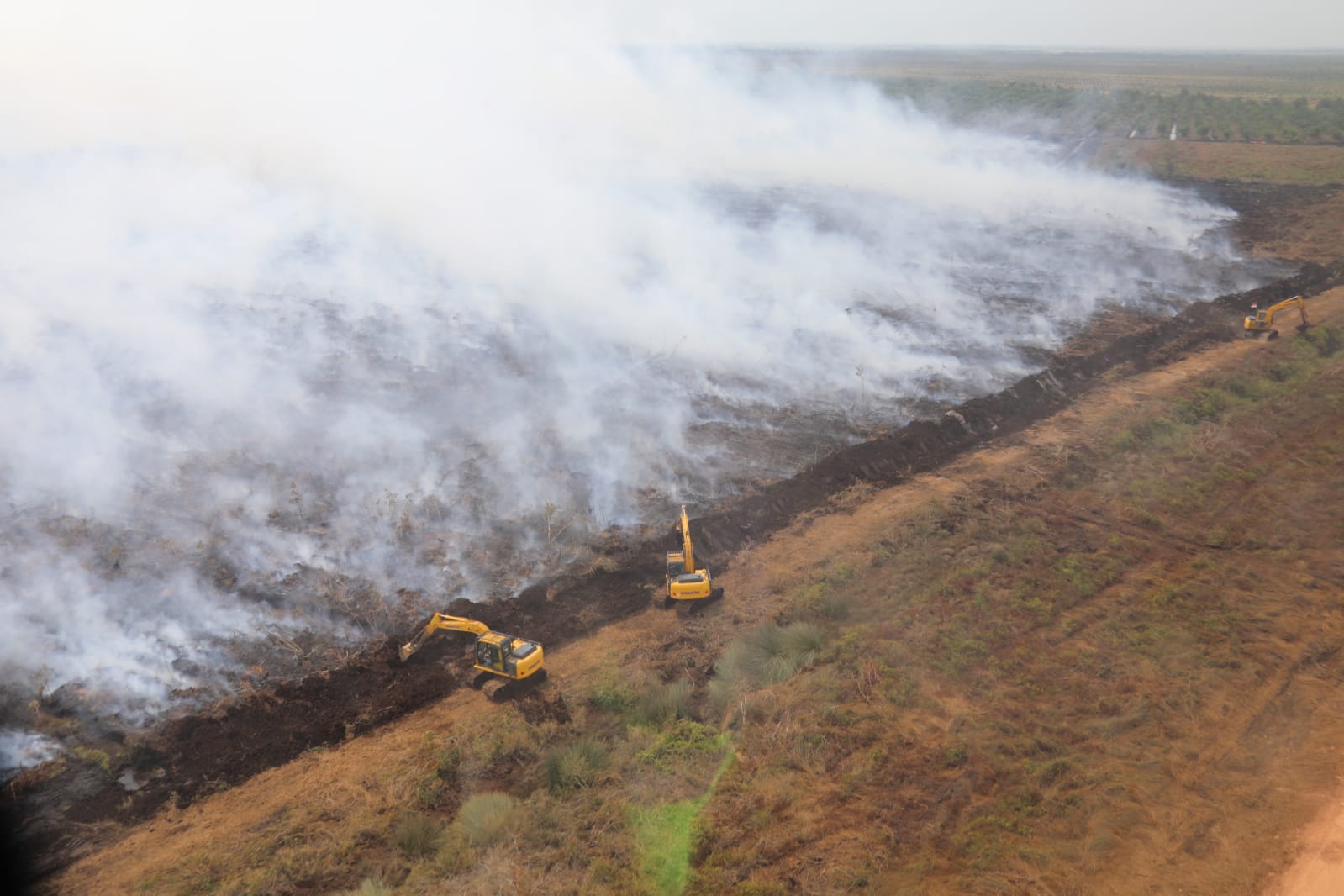Upaya tim operasi darat menggunakan alat berat untuk menahan laju kebakaran agar tidak menyebar ke lahan lainnya di wilayah provinsi Sumatera Selatan pada Selasa (12/9).